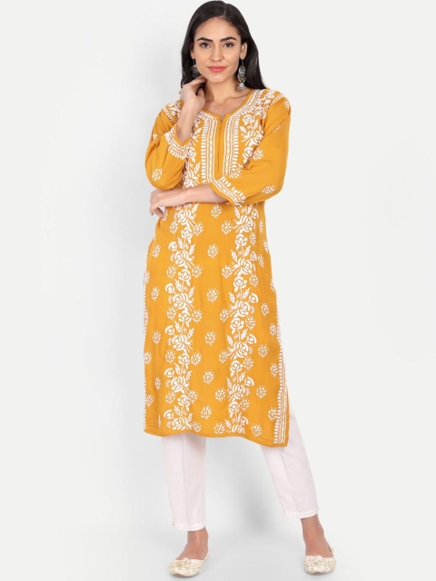 

Indiankala4u Women Mustard Yellow & White Floral Embroidered Chikankari Kurta