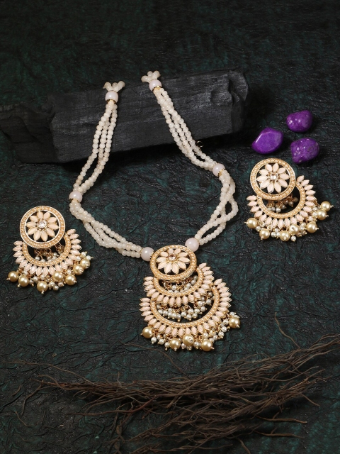 

Adwitiya Collection Peach & 24CT Gold-Plated Half Moon Stone Pearl Jewellery Set