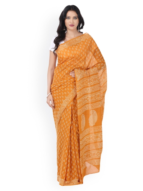 

Kalakari India Orange Cotton Coloured Dabu Hand Block Print Handcrafted Cotton Sustainable Saree