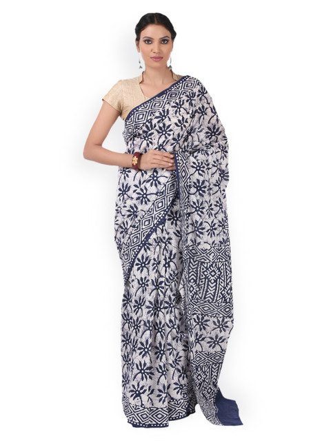 

Kalakari India Blue & White Cotton Batik Hand Block Print Handcrafted Sustainable Saree