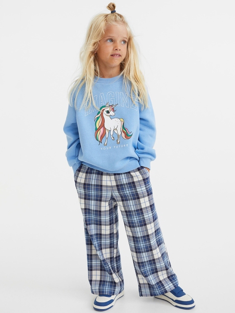 

H&M Girls Blue & White Checked Wide Fit Twill Trousers
