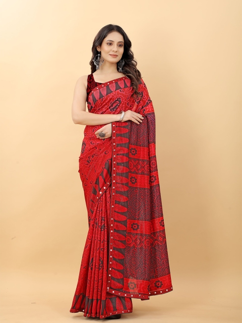 

RACHNA Red & Grey Ethnic Motifs Brasso Saree