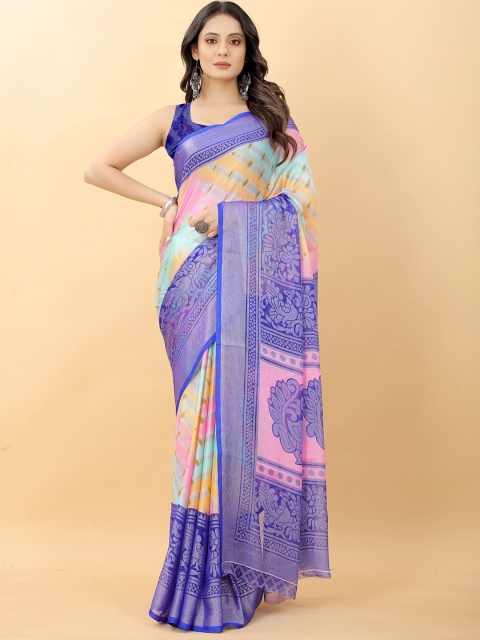 

RACHNA Blue & Green Ethnic Motifs Zari Brasso Saree