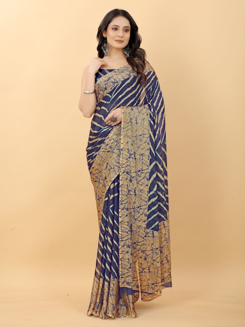 

RACHNA Navy Blue & Beige Leheriya Saree