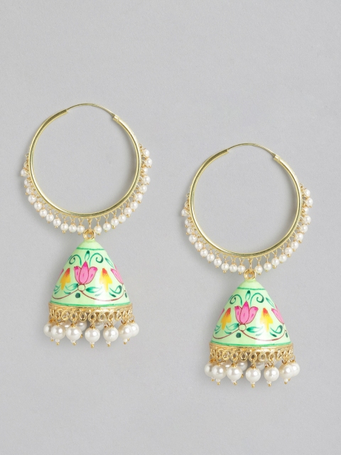 

Golden Peacock Green & White Dome Shaped Jhumkas Earrings
