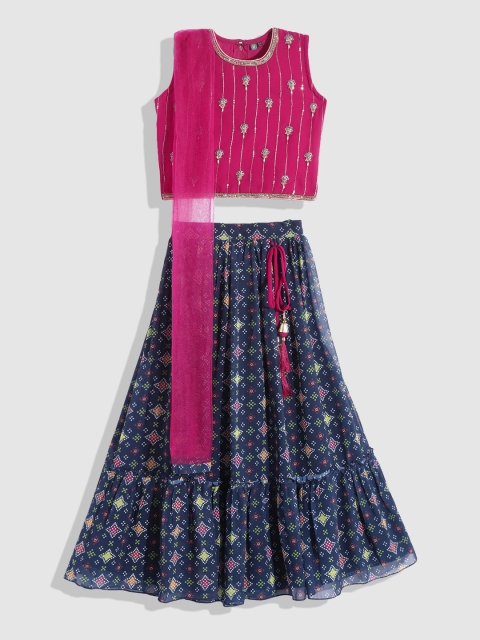 

YK Girls Pink & Navy Blue Embellished Beads and Stones Ready to Wear Lehenga & Blouse With Dupatta