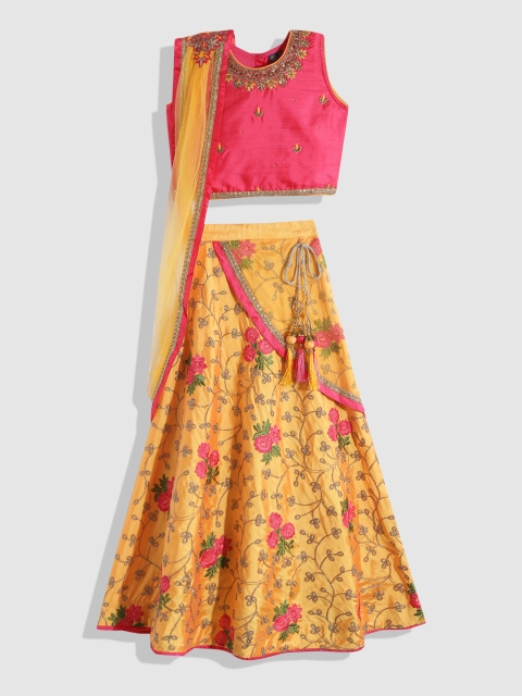 

YK Girls Pink & Mustard Yellow Embellished Ready to Wear Lehenga & Blouse With Dupatta