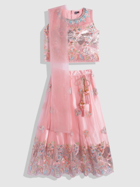 

YK Girls Pink Embellished Sequinned Ready to Wear Lehenga & Blouse With Dupatta