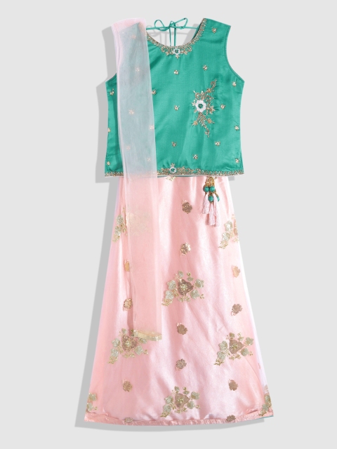 

YK Girls Green & Pink Embellished Beads and Stones Ready to Wear Lehenga & Blouse With Dupatta