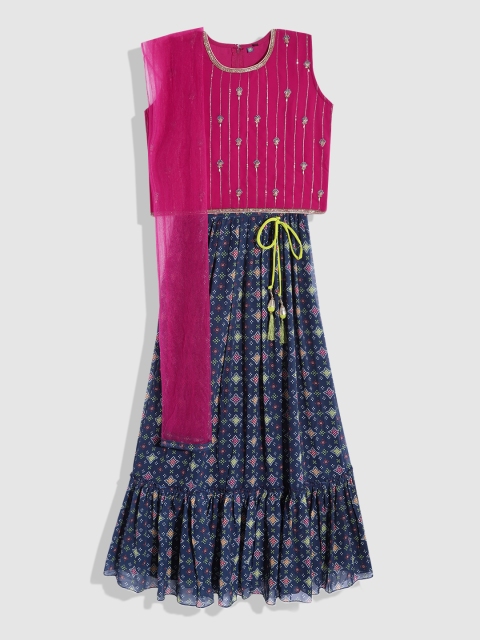 

YK Girls Pink & Navy Blue Embellished Beads and Stones Ready to Wear Lehenga & Blouse With Dupatta