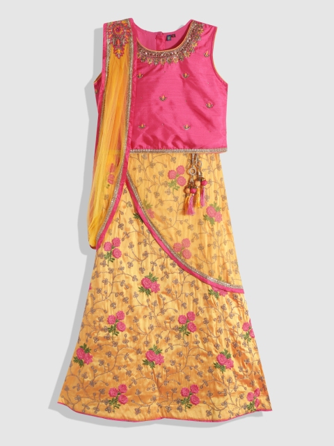 

YK Girls Pink & Mustard Yellow Embellished Ready to Wear Lehenga With Attached Dupatta