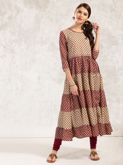 Anouk Women Beige & Maroon Printed Anarkali Kurta available at myntra for Rs.379