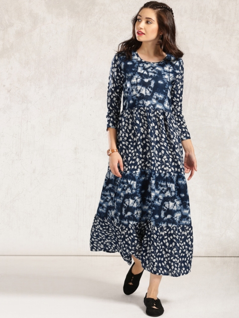 

Anouk Women Navy & White Printed & Tie-Dyed A-Line Fusion Kurta, Navy blue