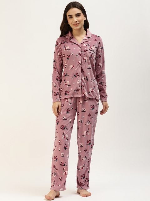 

MADAME M SECRET Women Dusty Pink & Navy Blue Printed Night suit, Rose
