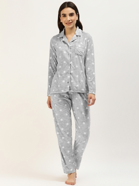

MADAME M SECRET Women Grey & White Polka Dot Printed Night suit