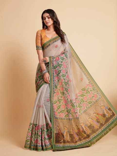 

Sangria Beige & Green Floral Saree