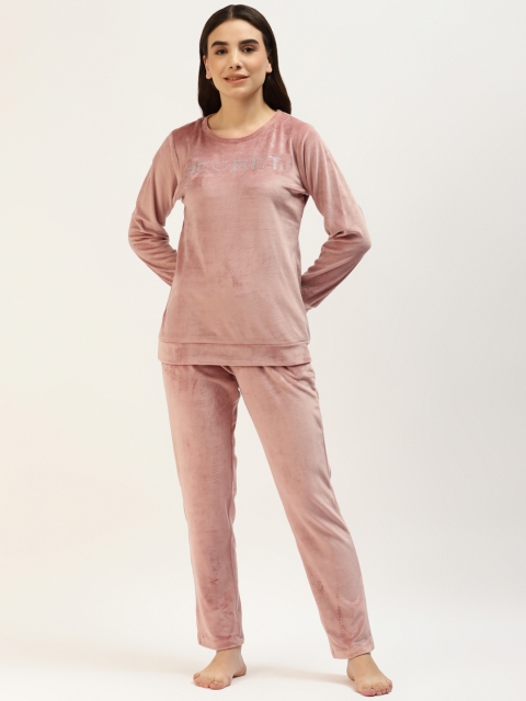 

MADAME M SECRET Women Dusty Pink Velvet Finish Pyjama Set, Rose
