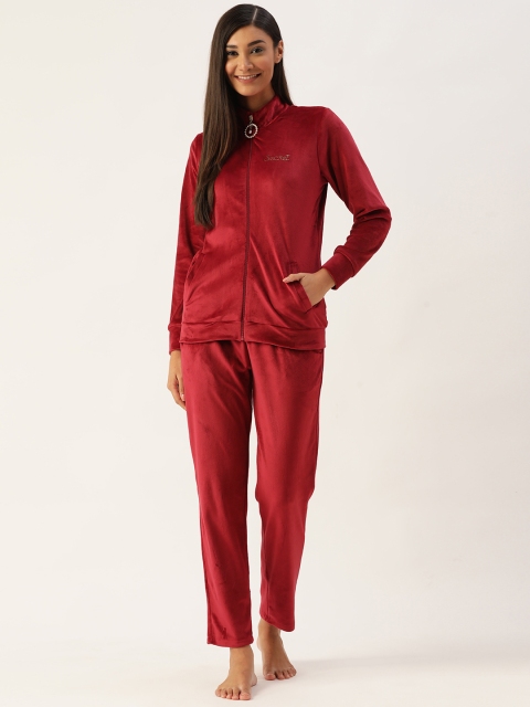 

MADAME M SECRET Women Red Velvet Finish Solid Pyjama Set