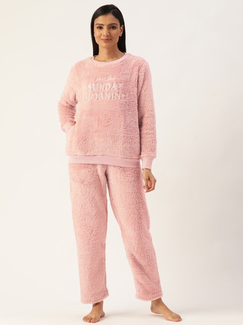 

MADAME M SECRET Women Dusty Pink Faux Fur Pyjama Set, Rose