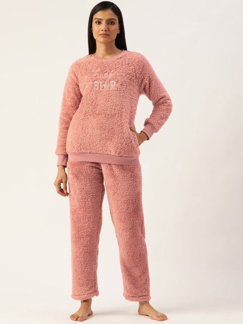 

MADAME M SECRET Women Dusty Pink Faux Fur Pyjama Set, Rose