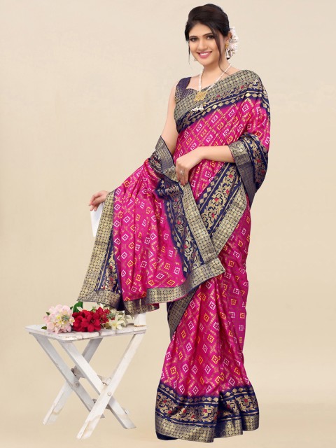 

Satrani Pink & Black Floral Silk Blend Bandhani Saree