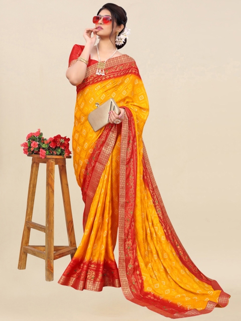 

Satrani Yellow & Red Floral Zari Silk Blend Bandhani Saree
