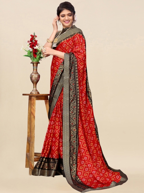 

Satrani Women Red & Black Silk Blend Bandhani Saree