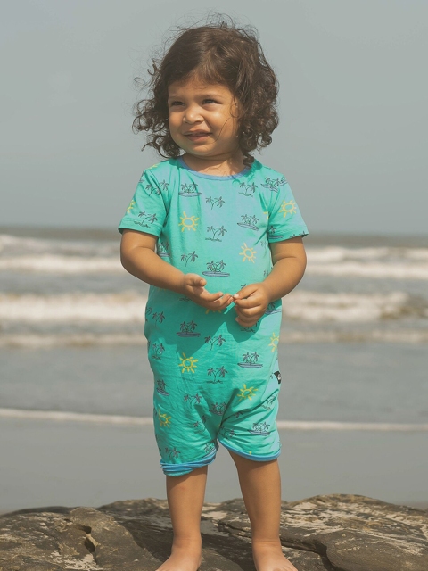 

Whistle & Hops Kids Turquoise Blue Printed Organic Cotton Rompers