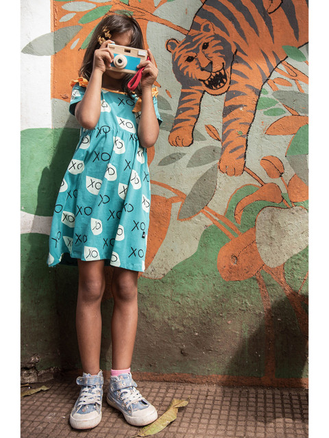 

Whistle & Hops Teal & Beige Organic Cotton Printed Ruffle Dress