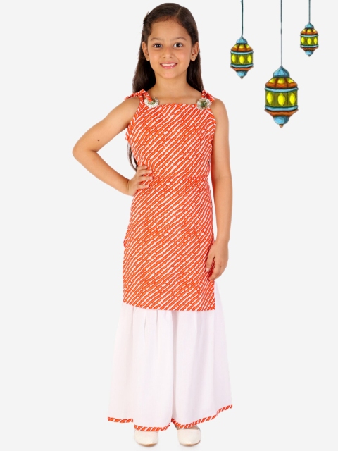 

YK Girls Orange Leheriya Printed Pure Cotton Kurta with Sharara