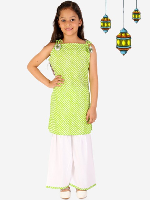 

YK Girls Green Printed Pure Cotton Kurti with Palazzos