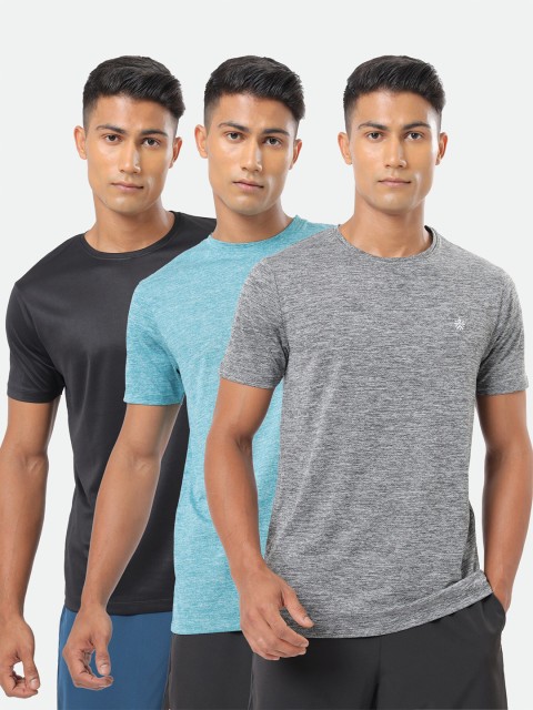 

cultsportone Men Grey & Blue Pack of 3 Moisture Wicking T-shirt
