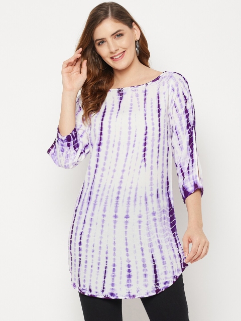 

Ruhaans Purple & White Viscose Rayon Boat Neck Tie & Dye Tunic