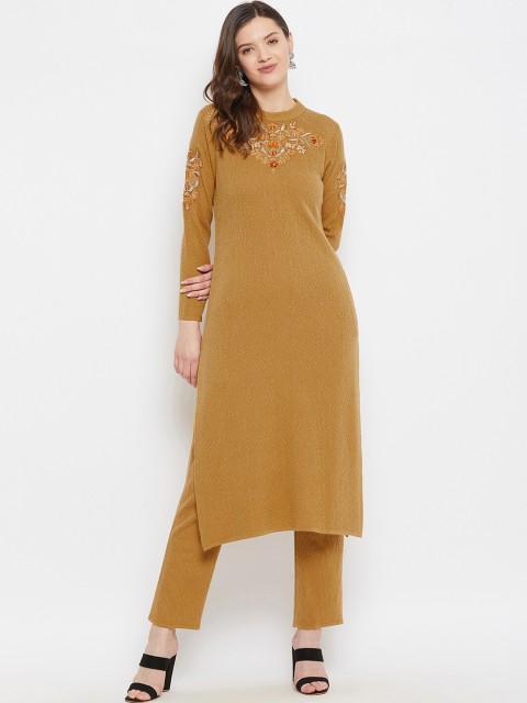 

Knitstudio Women Mustard Yellow Embroidered Aari Work Kurta with Trousers