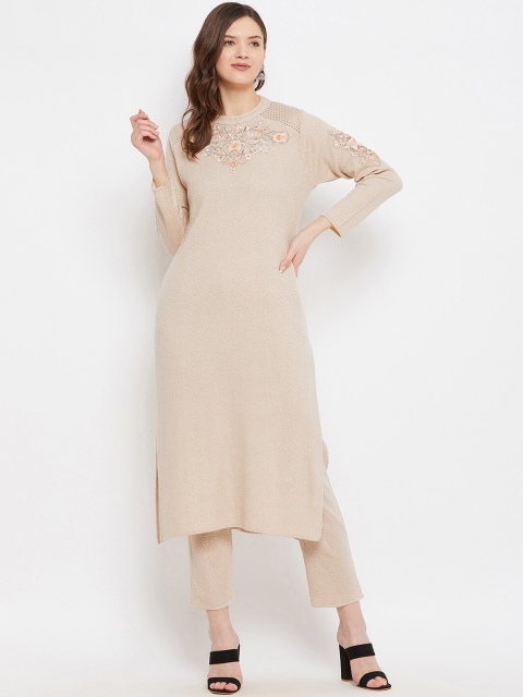 

Knitstudio Women Beige Embroidered Aari Work Kurta with Trousers