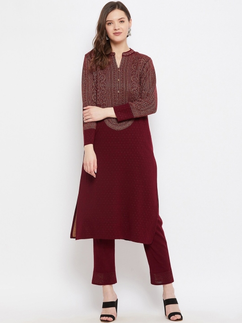 

Knitstudio Women Maroon Ethnic Motifs Embroidered Kurta with Trousers