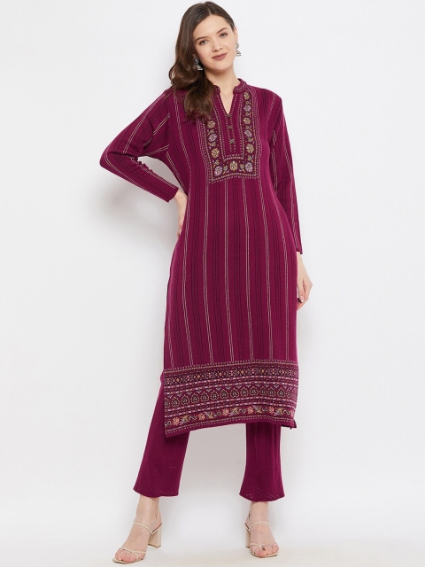 

Knitstudio Women Magenta Floral Embroidered Pleated Kurti with Trousers