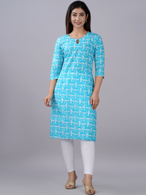 

NITVAN Women Turquoise Blue Ethnic Motifs Printed Keyhole Neck Pastels Kurta