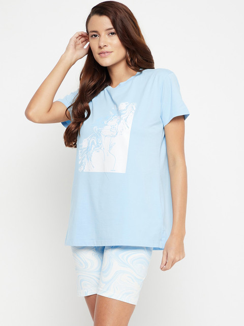 

MADAME M SECRET Women Blue Printed Night Suit