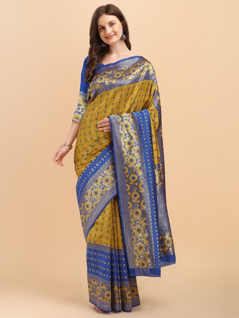 

Jinax Gold-Toned & Blue Woven Design Pure Silk Banarasi Saree