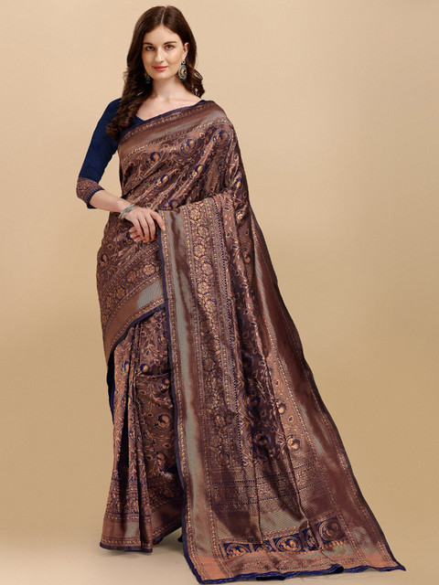 

Jinax Blue & Copper-Toned Woven Design Zari Pure Silk Banarasi Saree