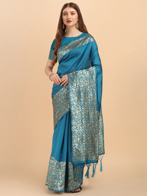 

Jinax Teal & Gold-Toned Woven Design Zari Pure Silk Banarasi Saree