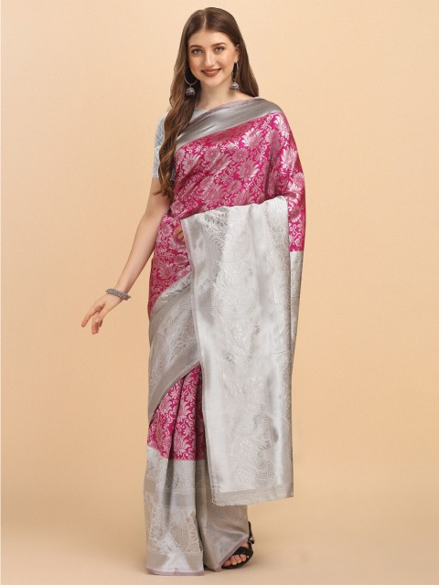 

Jinax Pink & Silver-Toned Woven Design Zari Pure Silk Banarasi Saree