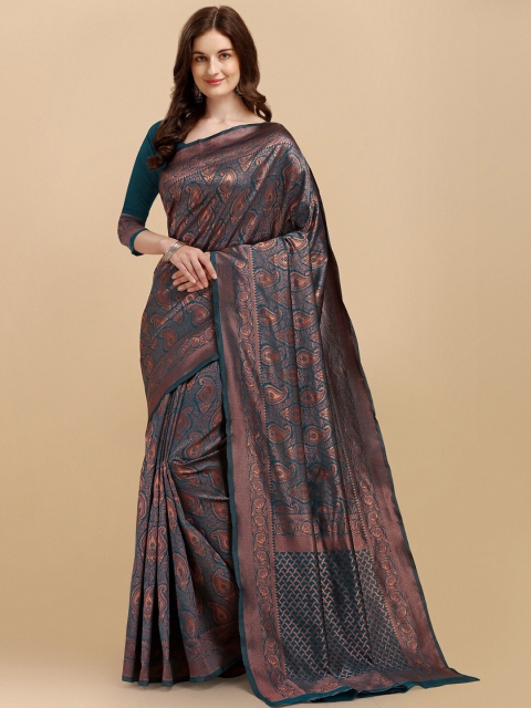 

Jinax Teal & Copper-Toned Woven Design Zari Pure Silk Banarasi Saree