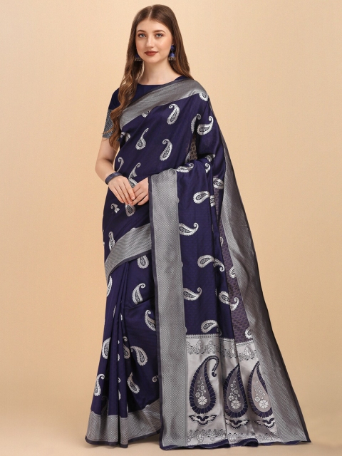 

Jinax Blue & Silver-Toned Paisley Zari Pure Silk Banarasi Saree