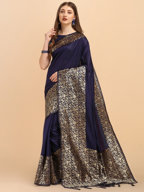 

Jinax Navy Blue & Gold-Toned Woven Design Zari Pure Silk Banarasi Saree