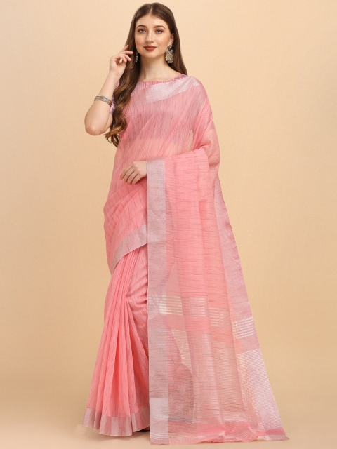 

Jinax Pink & Silver-Toned Woven Design Pure Silk Zari Saree