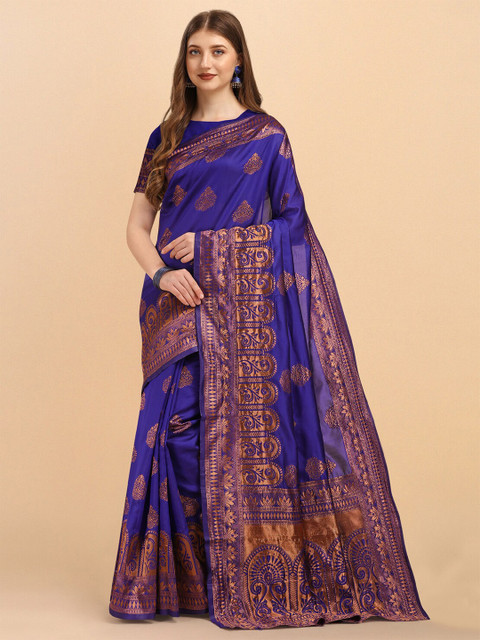 

Jinax Violet & Gold-Toned Ethnic Motifs Pure Silk Zari Banarasi Saree