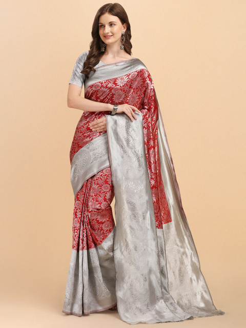 

Jinax Women Red & Silver-Toned Woven Design Zari Pure Silk Banarasi Saree