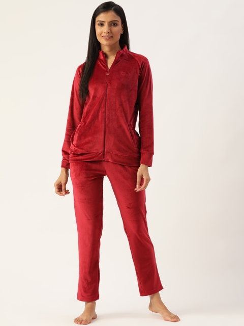 

MADAME M SECRET Women Red Velvet Finish Solid Pyjama Set